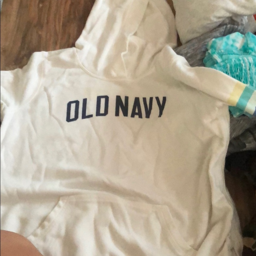 old navy white blue teal yellow hoodie